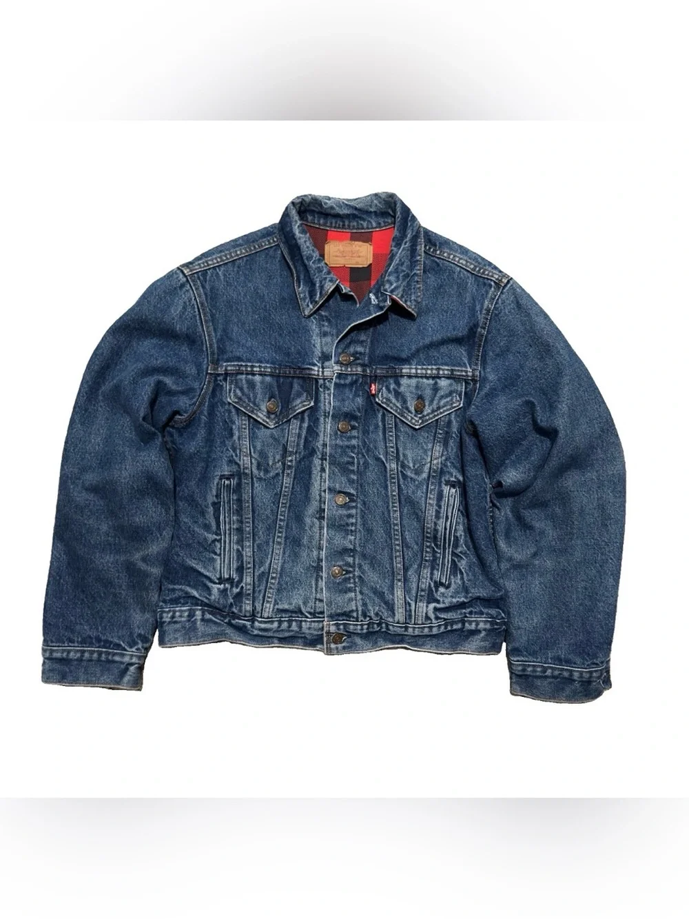 VTG 80s Levis Type III Flannel Lined Trucker Jacket 70417 Denim Buffalo Plaid 42